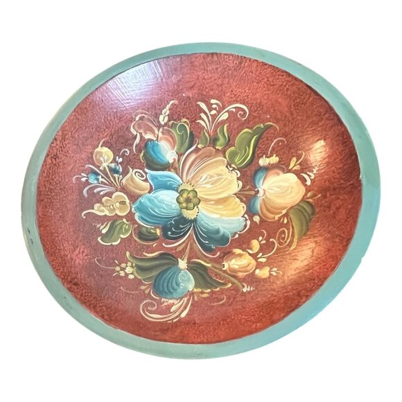 Vtg Rosemaling Hand Painted Wooden Decorative Bowl 9" Folk Art Made Weston VT US - Picture 1 of 7
